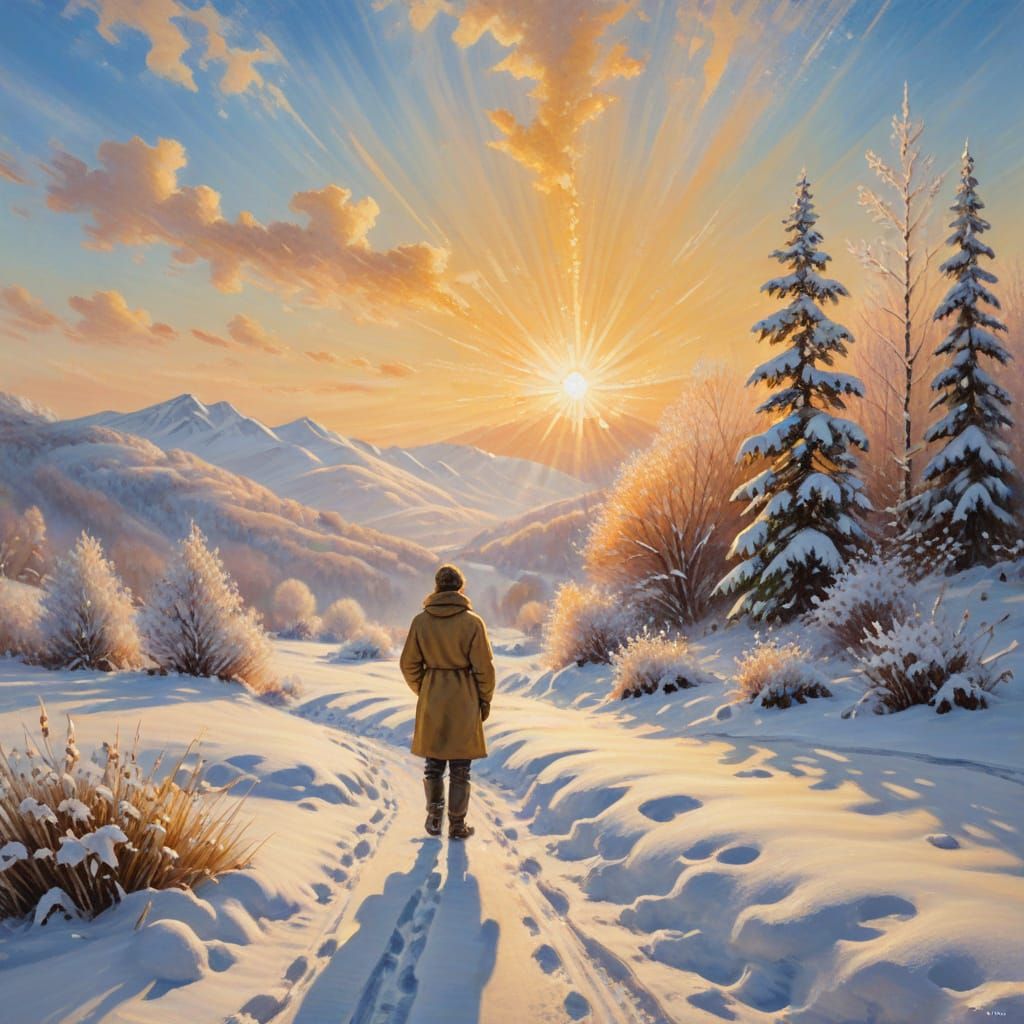 Golden Light Illuminates Winter Landscape, Monet Style