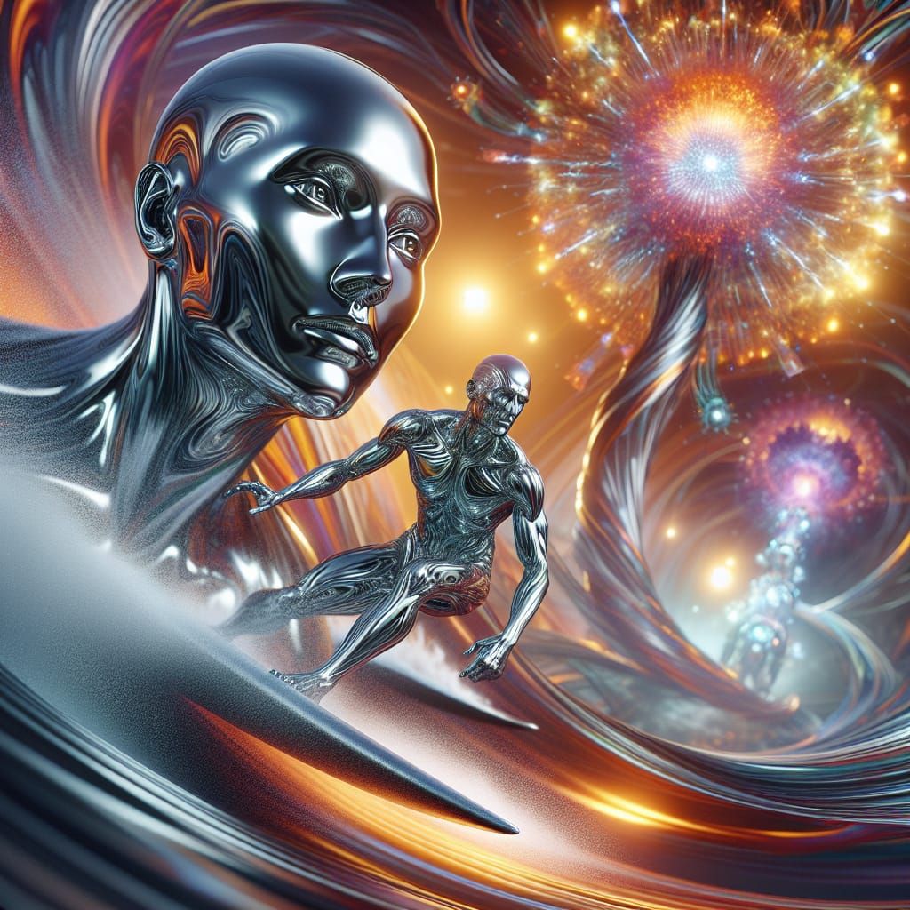 Chrome Surfers Ride a Solar Corona in Hyperrealism