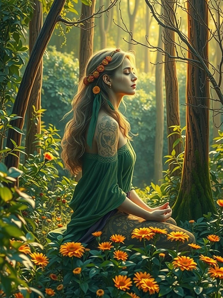 A Serene Meditator in Lush Greenery