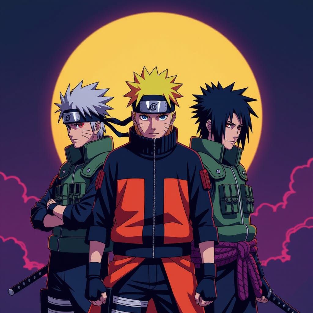 Naruto, Sasuke, and Kakashi in Dark Fantasy Style