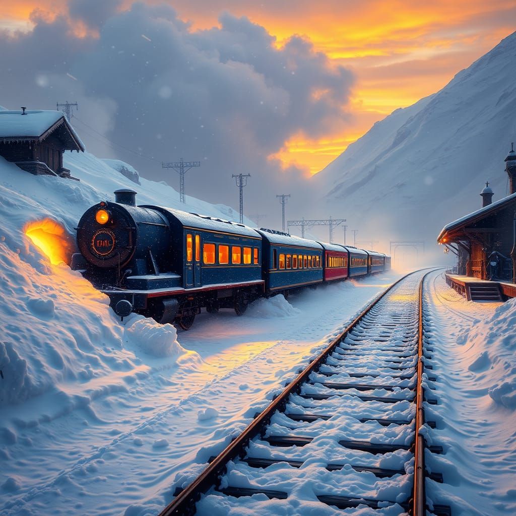 Majestic Steam Train Strains Against Snowy Embankment