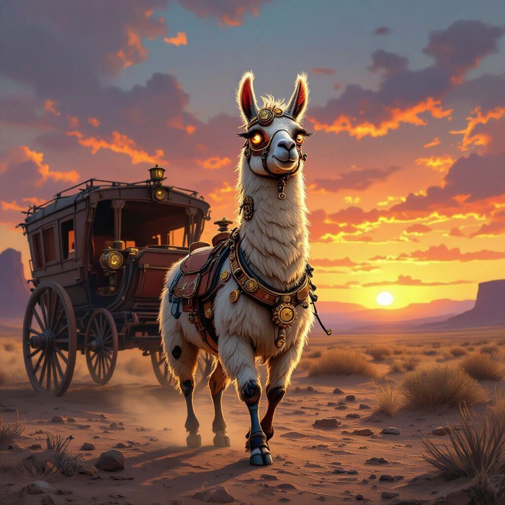 Steampunk Llama With Stagecoach at Sunset