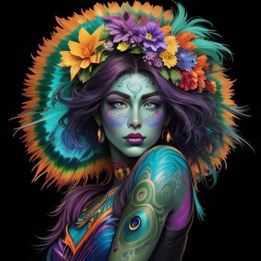 Rainbow Woman with Peacock Hair in Comic Art Style