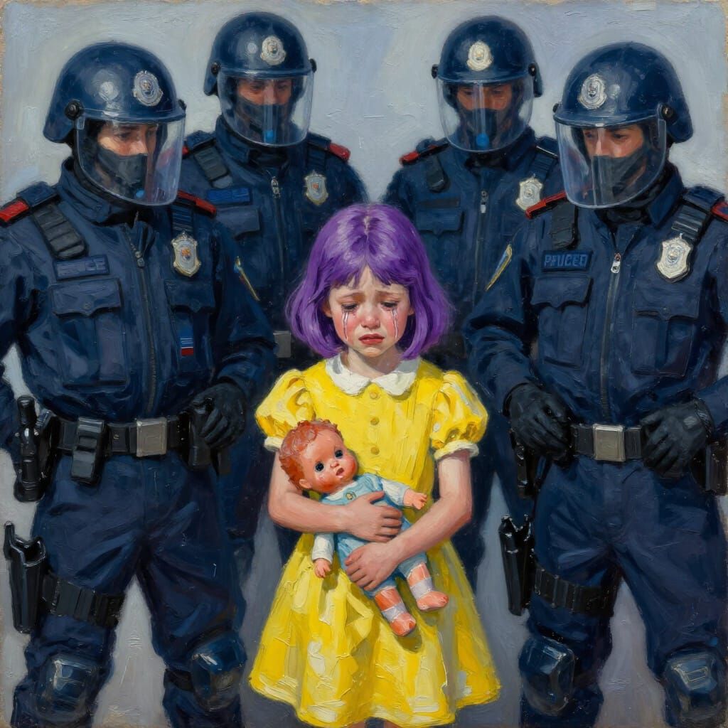 Child's Distress Amidst Authority: Impasto Painting