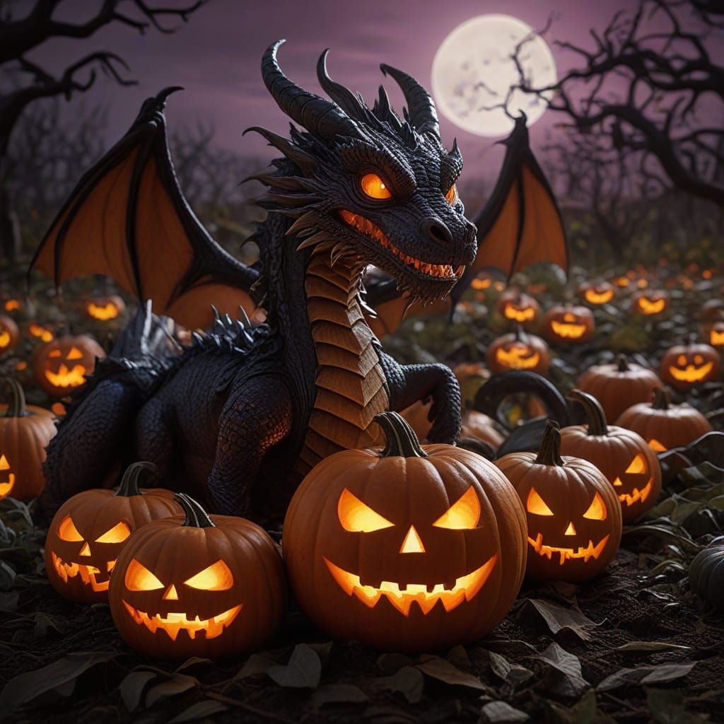 Dragon Emerges From Halloween Pumpkin Patch With Moody Light...