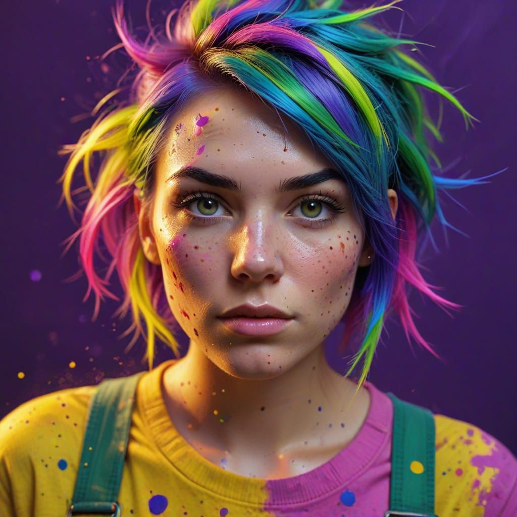 a young woman with spiky neon hair,