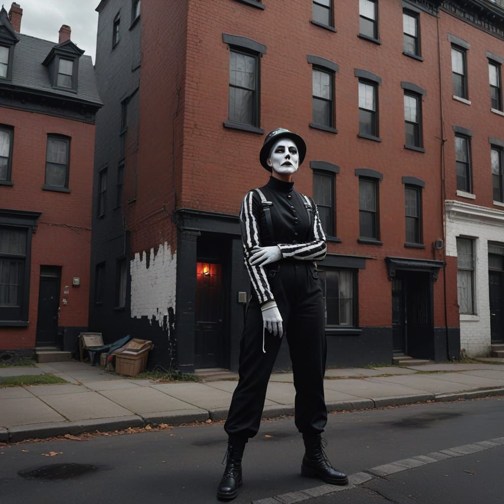 Mime-Inspired Woman Waits in a Moody Street Scene