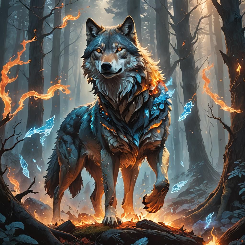 Elemental Wolf Amidst Forest Magic