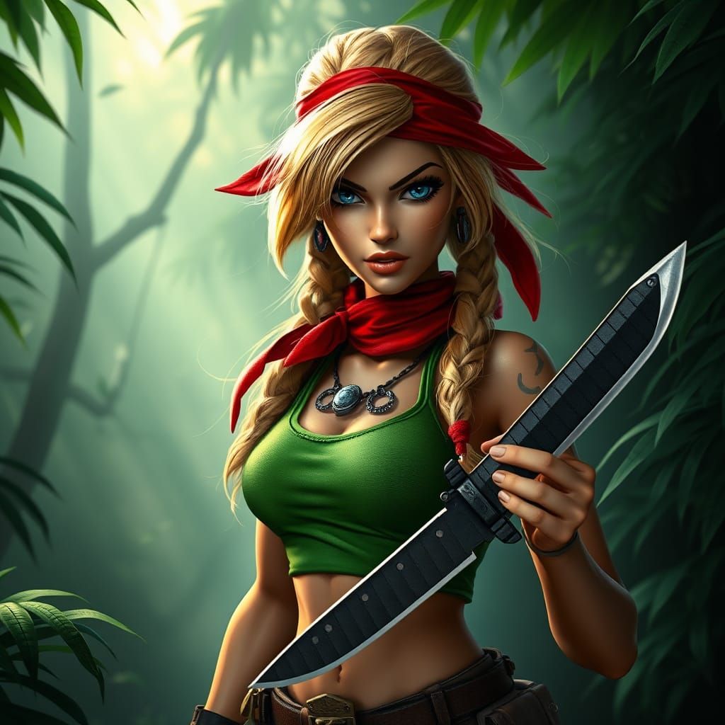 Rambo Blond Barbie character , holding Rambo survival knife, Angry look, Red Bandanna, green singlet, Dog Tags .command...