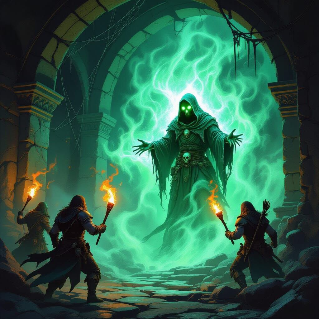 D&D Dungeon Party Confronts Specter in Glowing Gas Chamber