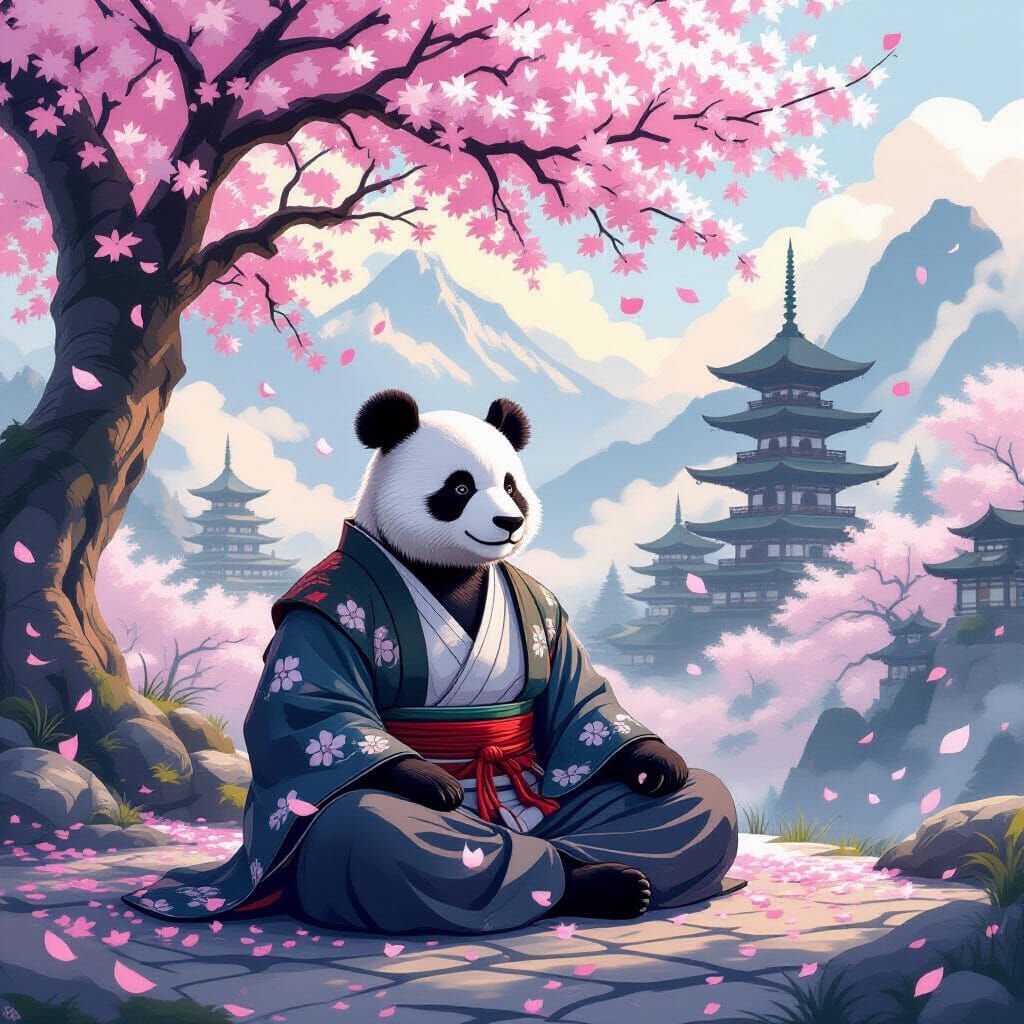 Meditating Panda Under Sakura Tree in Fantasy Style