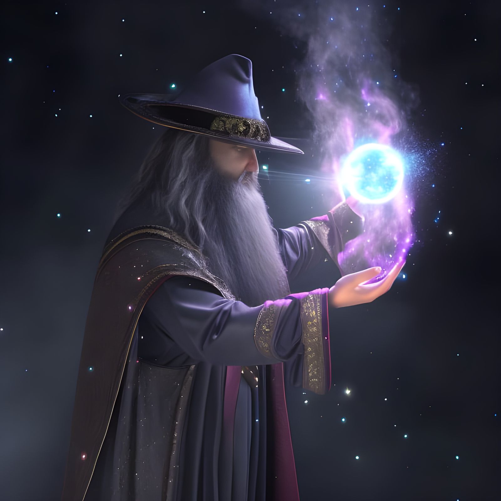 Wizard Controls Universe with Spell in Iridescent Style