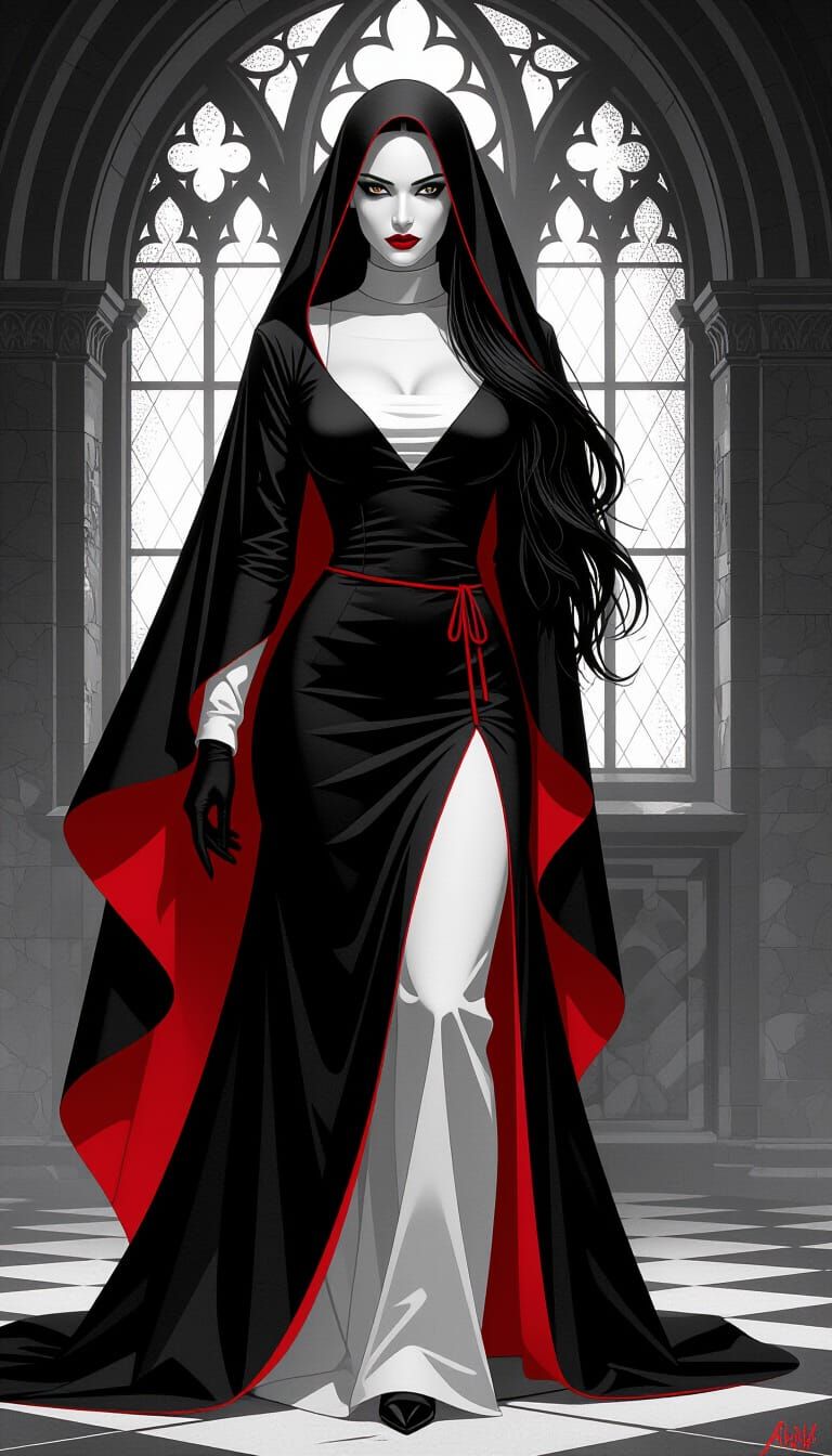 Noir Vampire Nun Portrait in High Contrast