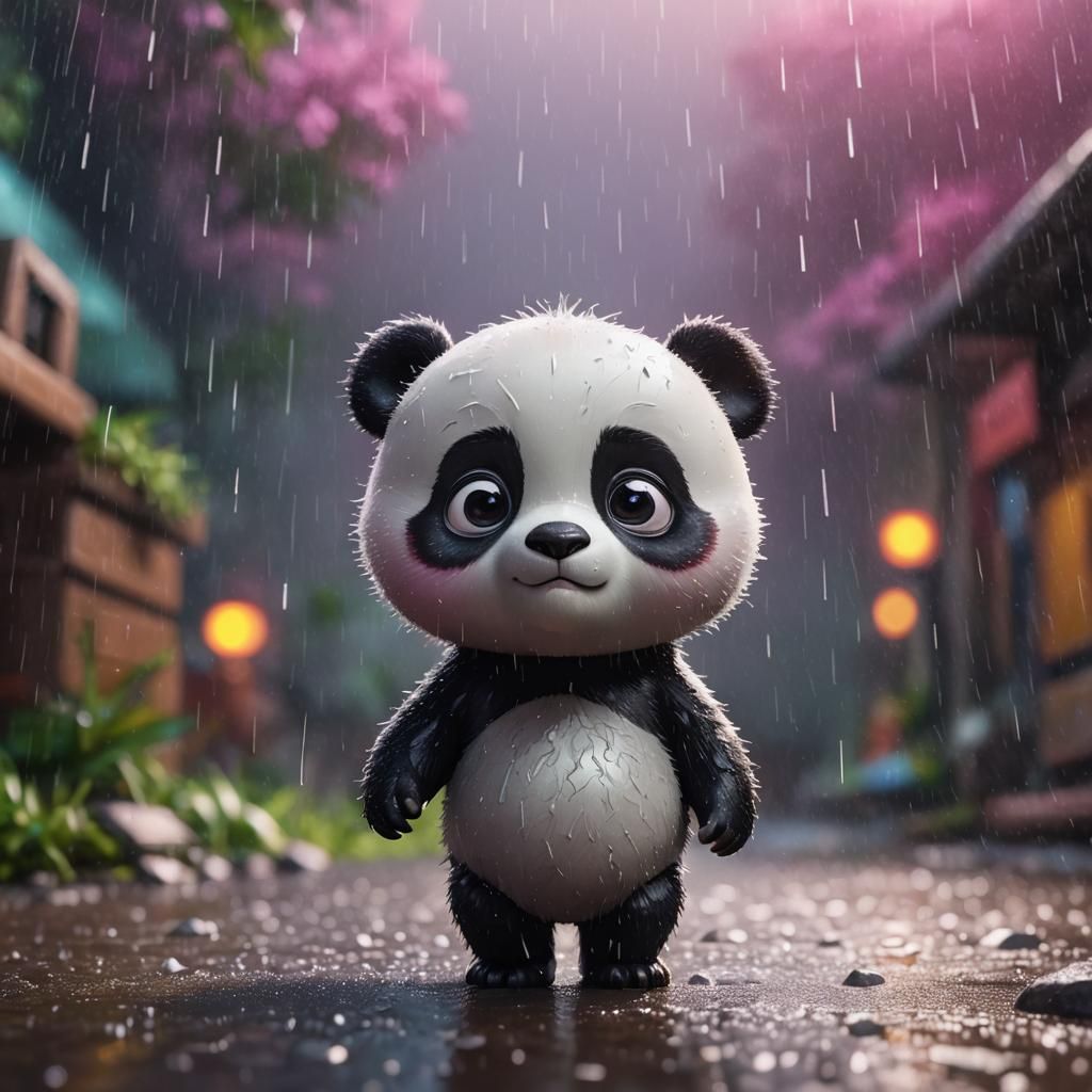 Sad Baby Panda in Rain: 3D Digital Art