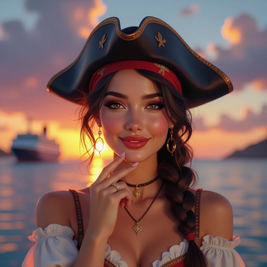 Photorealistic, double exposure of a beautiful female pirate...
