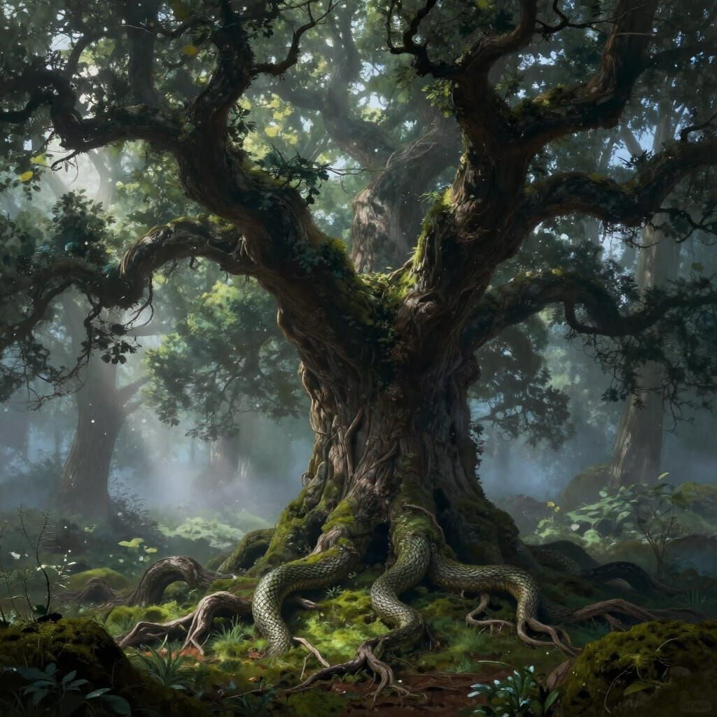 Ancient Oak in Misty Forest Clearing - Dark Fantasy Art