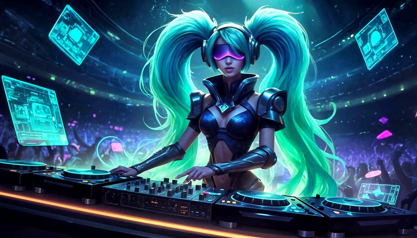 DJ Sona in a Futuristic Neon Concert Arena