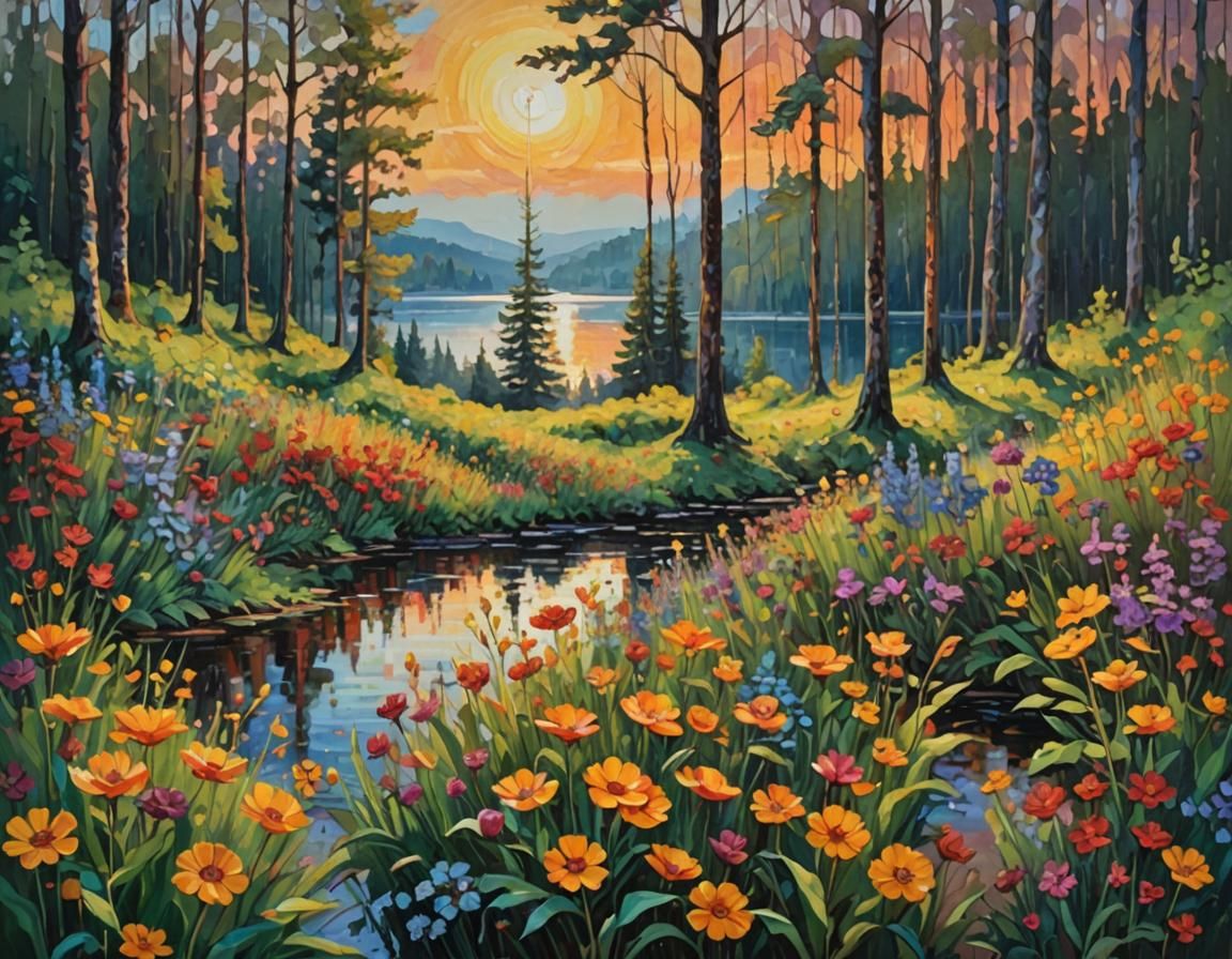 Neo-Impressionist Sunset Scene at Forest Lake