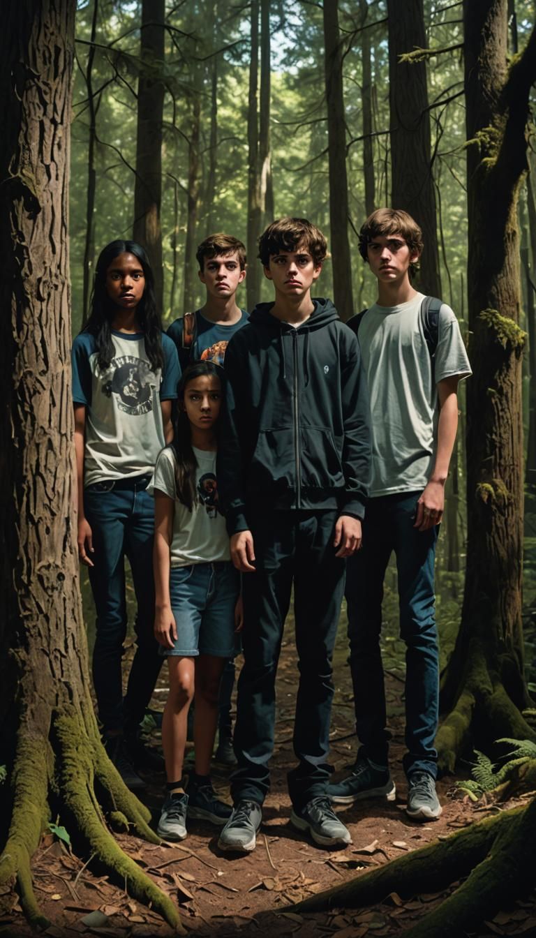 Teens at the Edge of a Shadowy Forest