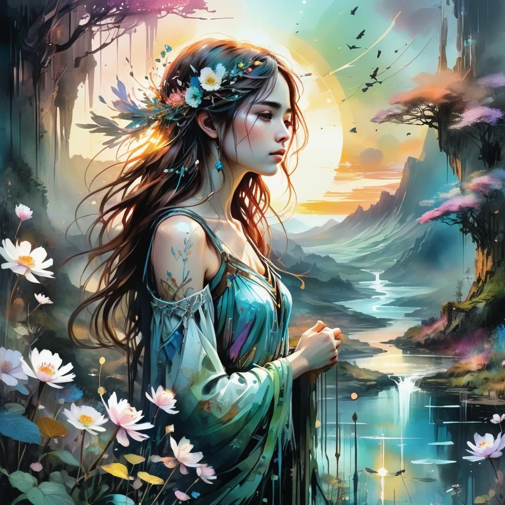 Magical Realm Sunrise: Digital Watercolor Painting