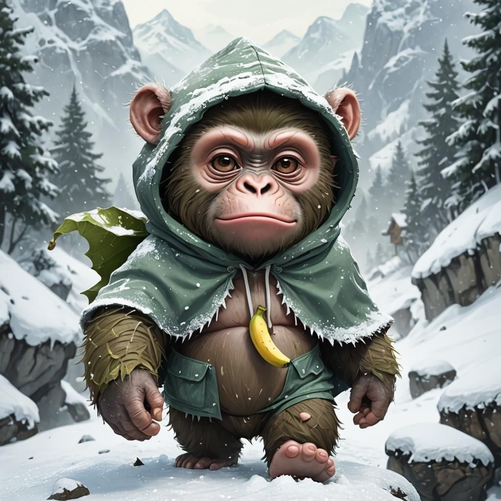 Adorable Gorilla Adventurer in Snowy Mountain Concept Art