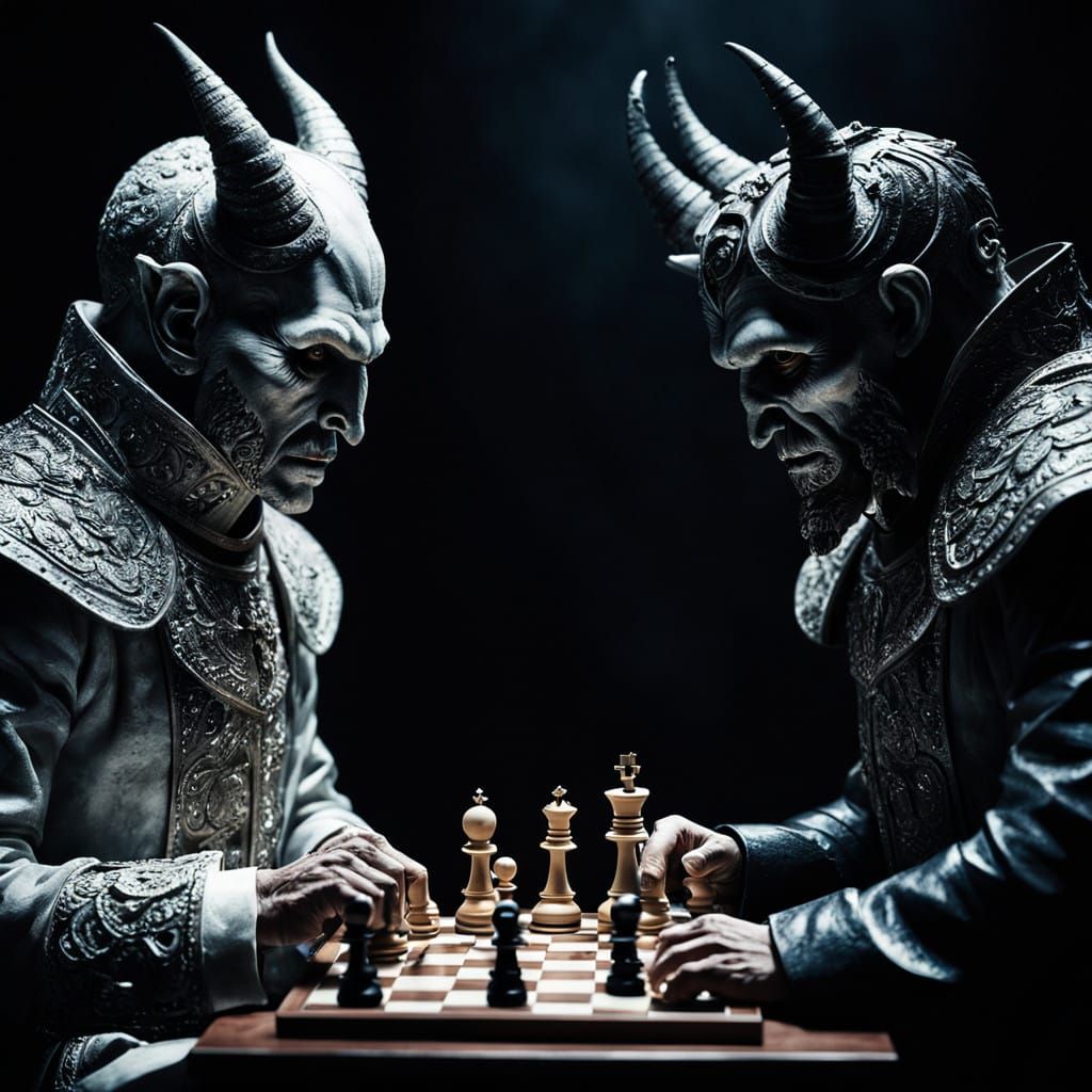 Surreal Chess Match between Devil and Angel