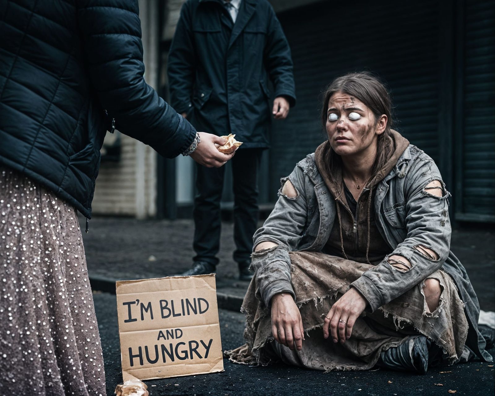 Documentary Photo: Blind Woman Receives Food in Gritty Scene