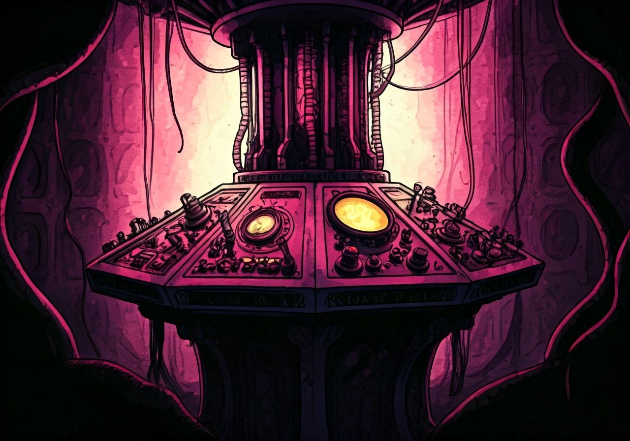 TARDIS Console in Darkness: Golden Glow, Graphic Novel Style