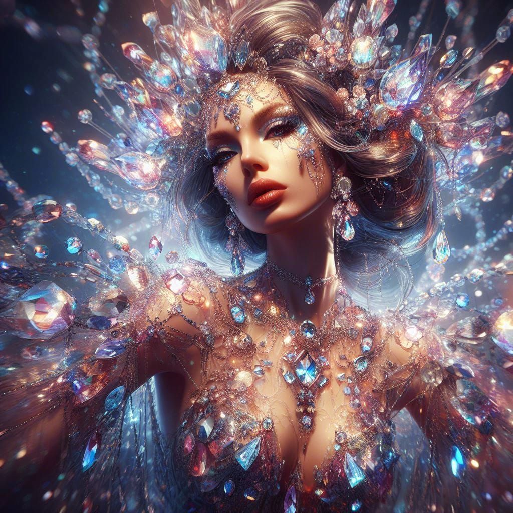 Ethereal Crystal Sorceress with Gem-Encrusted Attire
