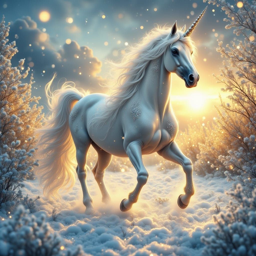 White Arabian Horse and Unicorn in Snowy Landscape