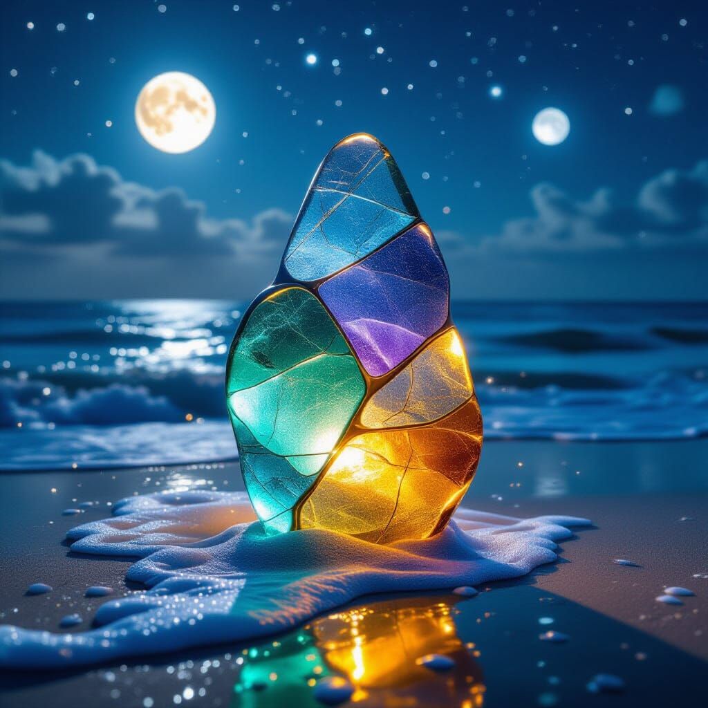 Sea Glass Sculpture on Moonlit Shore with Two Moons