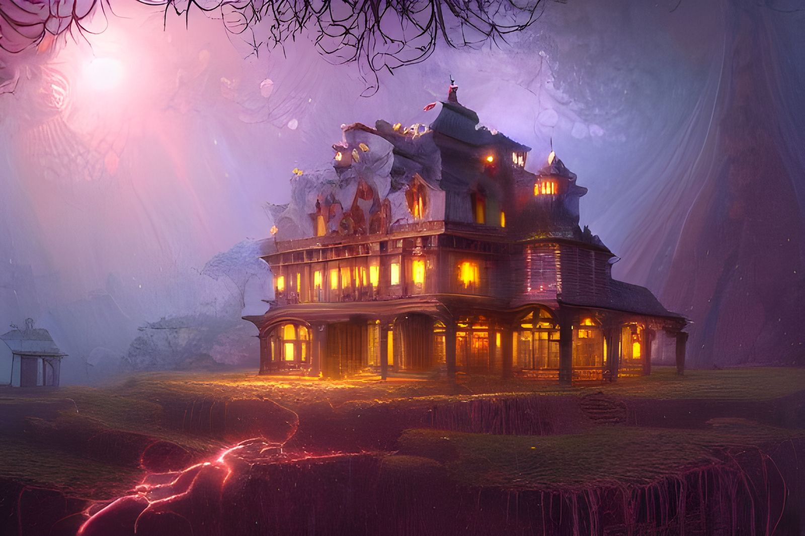 Surreal Haunted House in Lightning Storm