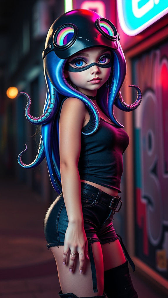 Realistic Octoling Girl Cosplay in Neon Cityscape