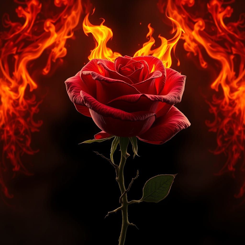 Fiery Rose Suspended in Midnight Black