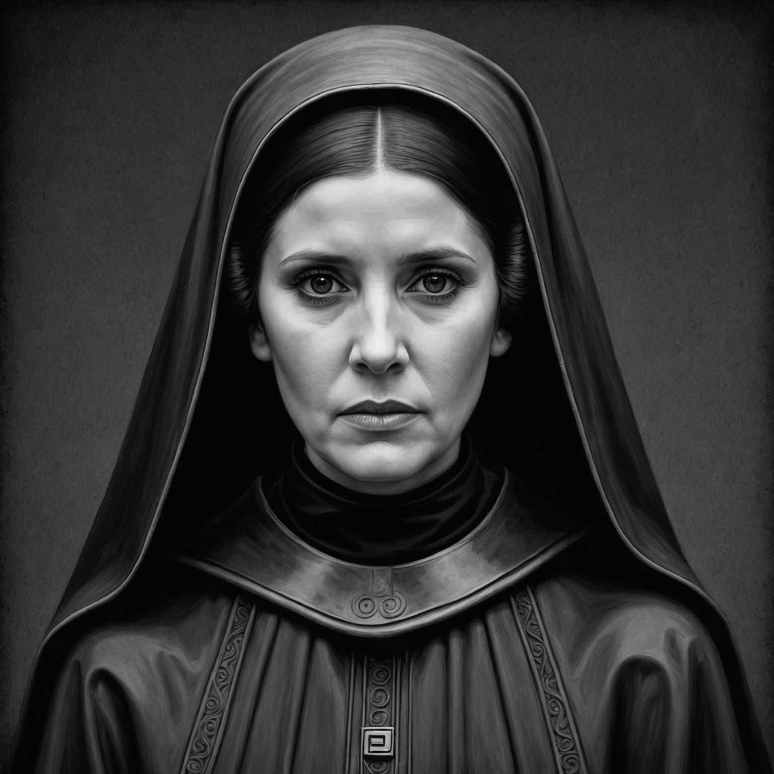 Princess Leia in Rubberized Nun Habit: Charcoal Drawing