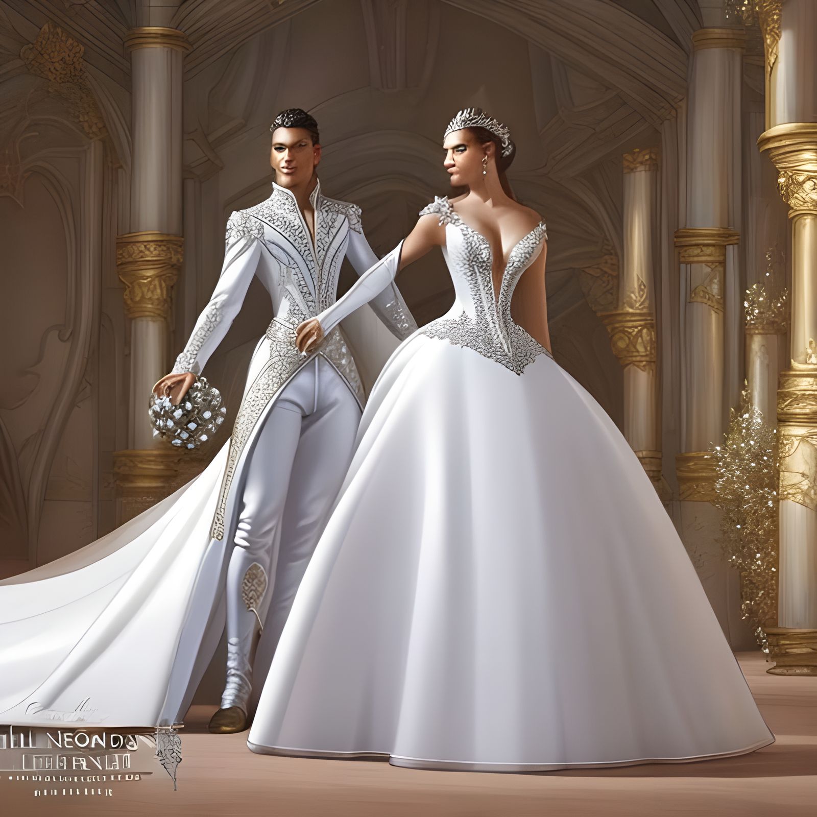 Elegant bride and bridegroom! wearing ornate white iridescen...