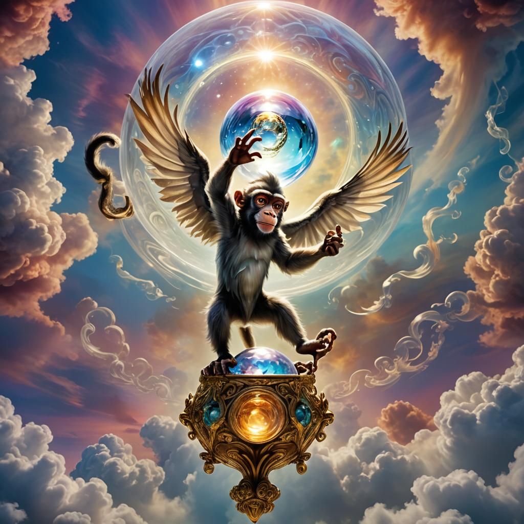 Flying Monkey with Crystal Ball in Surreal Style