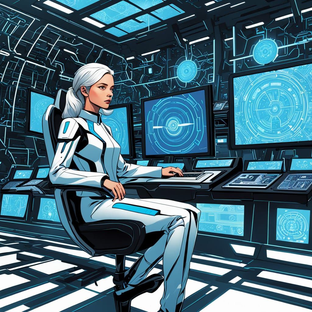 Genius Woman in Futuristic Lab with Holographic Screens