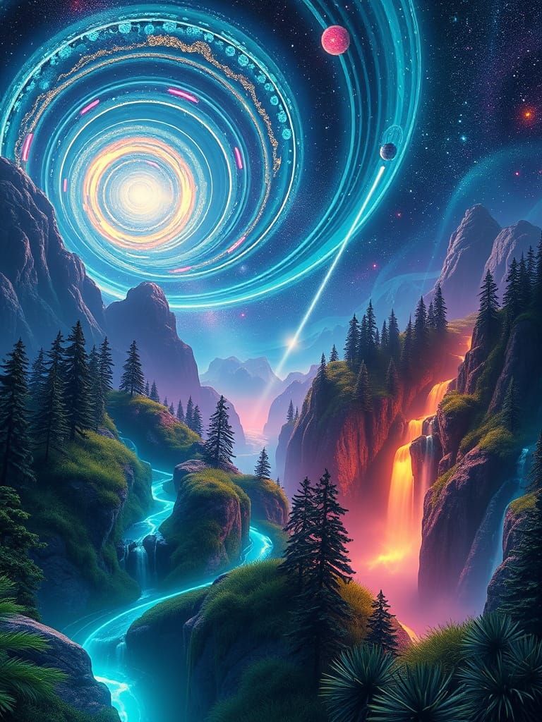 Neon Dreamscape: Surreal Galactic Bands and Waterfalls