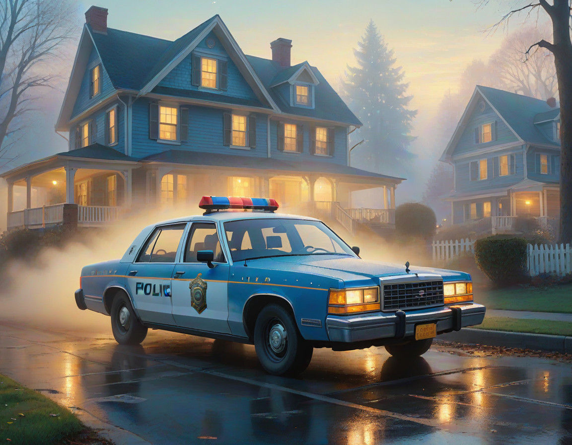 Police Car Illuminated by Golden Mist in an Ethereal Fantasy...
