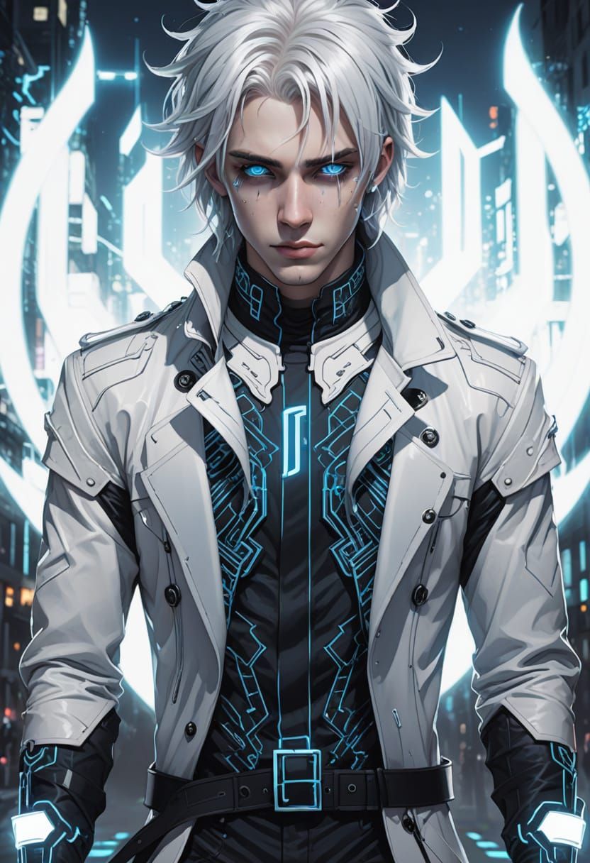 Cyberpunk Emo Hero Stands Tall in Neon Lit Cityscape