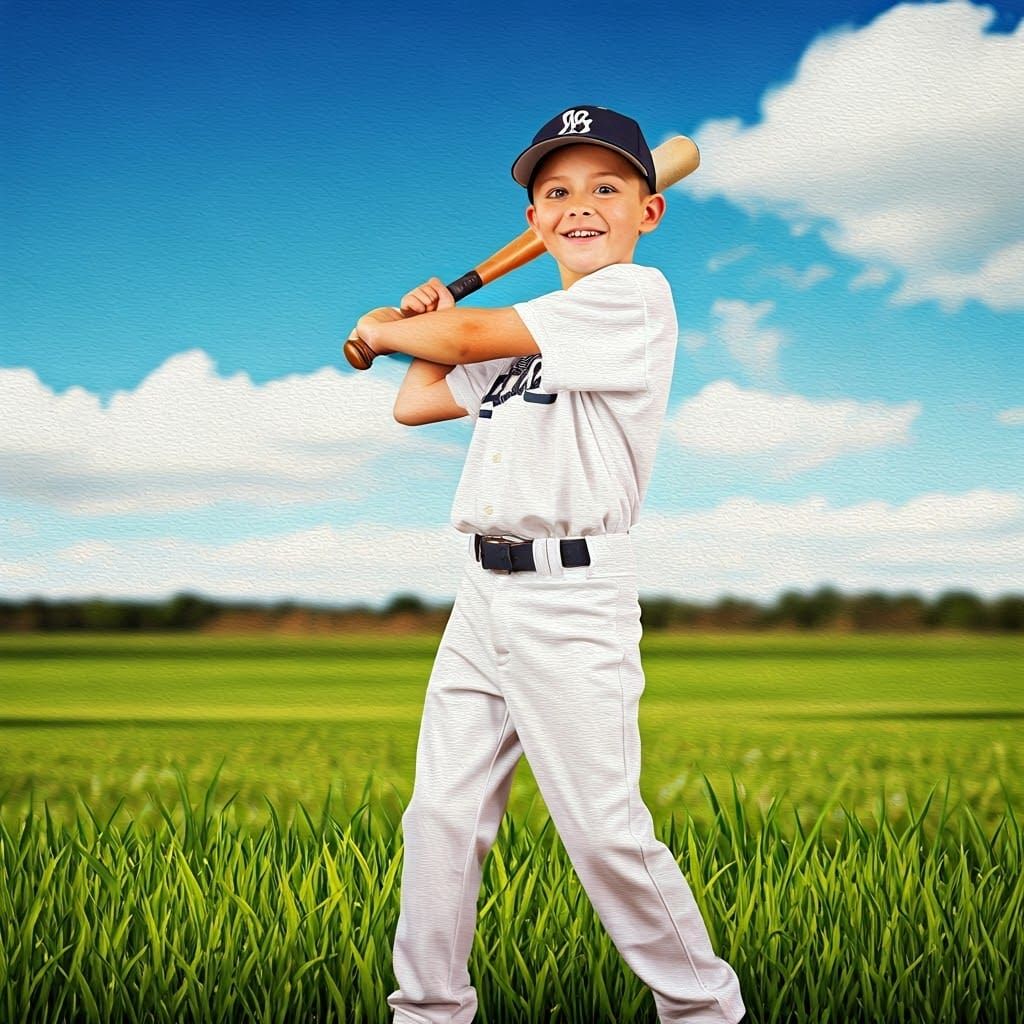 Joyful Young Ballplayer Connects with a Sunny Day Pitch