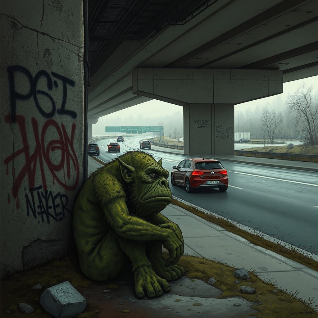 Melancholic Troll Gazing at Traffic: Dark Fantasy Art
