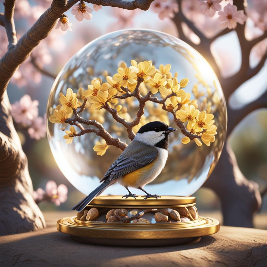 Chickadee and Blossoming Almond Tree in Crystal Ball