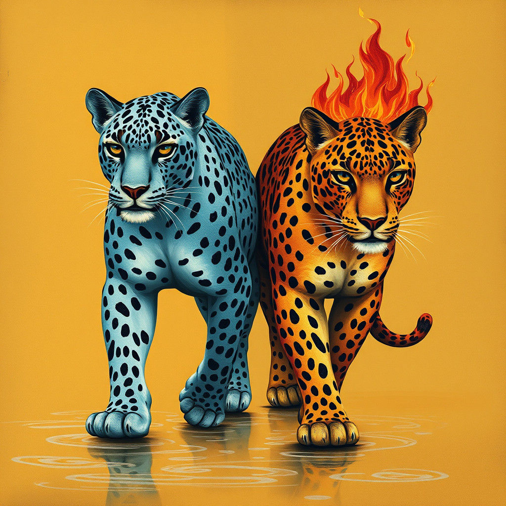 Water Leopard and Fire Leopard in Surreal Style