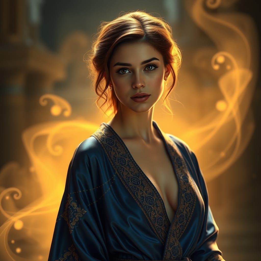 Ethereal Woman in Luxurious Blue Satin Robe