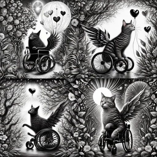 Monochromatic Tabby Cat Soars in Black and Silver Wheelchair