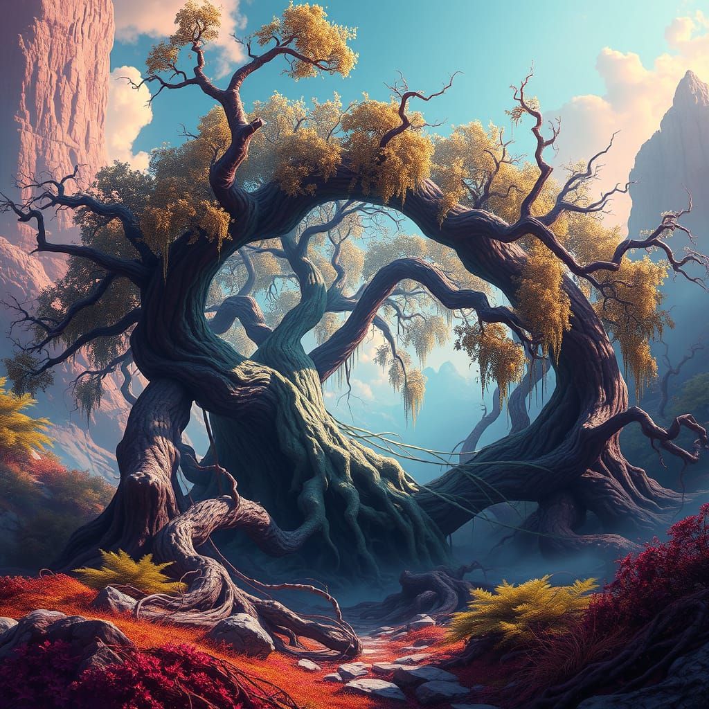Mystical Willow in Dreamlike Landscape