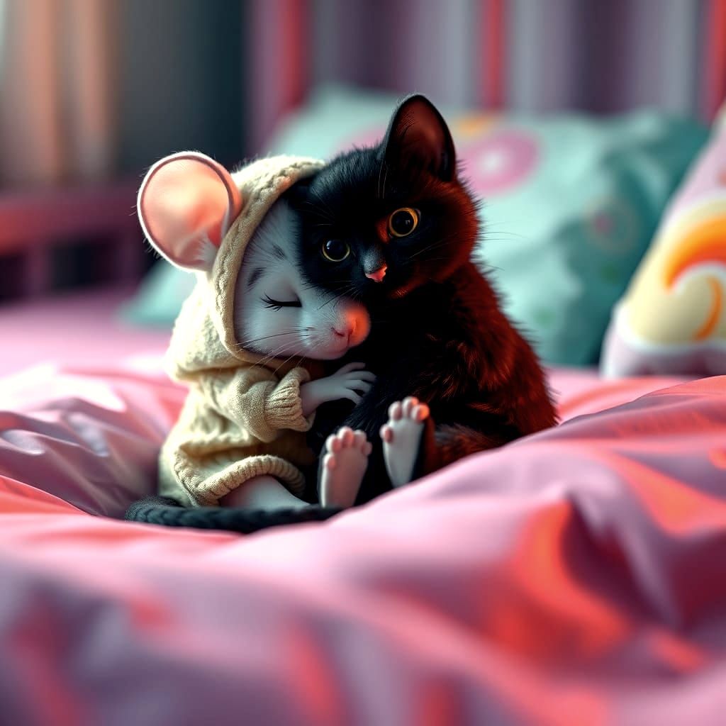 Cozy Mouse Cuddles Black Cat on Pastel Bed