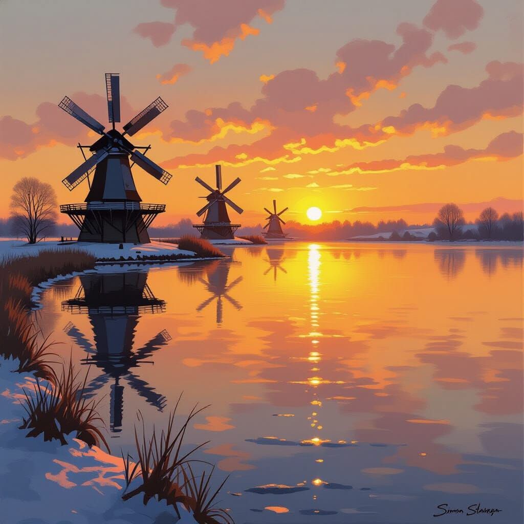 Frozen Lake Windmills at Sunset in Impressionist Style